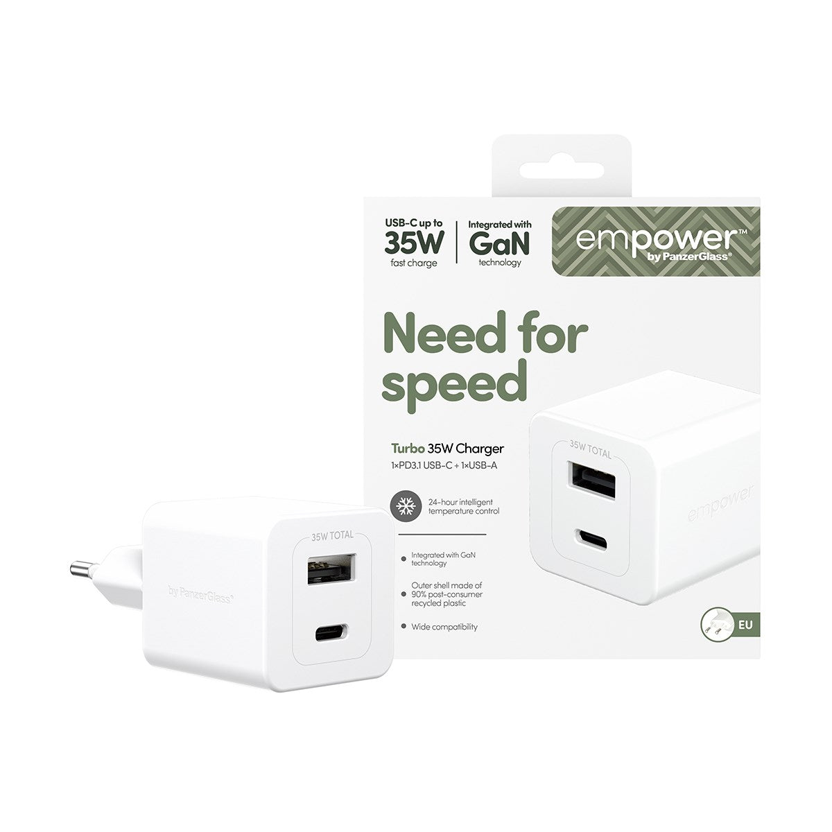 empower by PanzerGlass® Turbo 35W Oplader inkl. USB-C + USB-A | EU Stik | Silver White